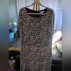 Dressbarn Brown and Cream Long Sleeve Dress And Jewelry